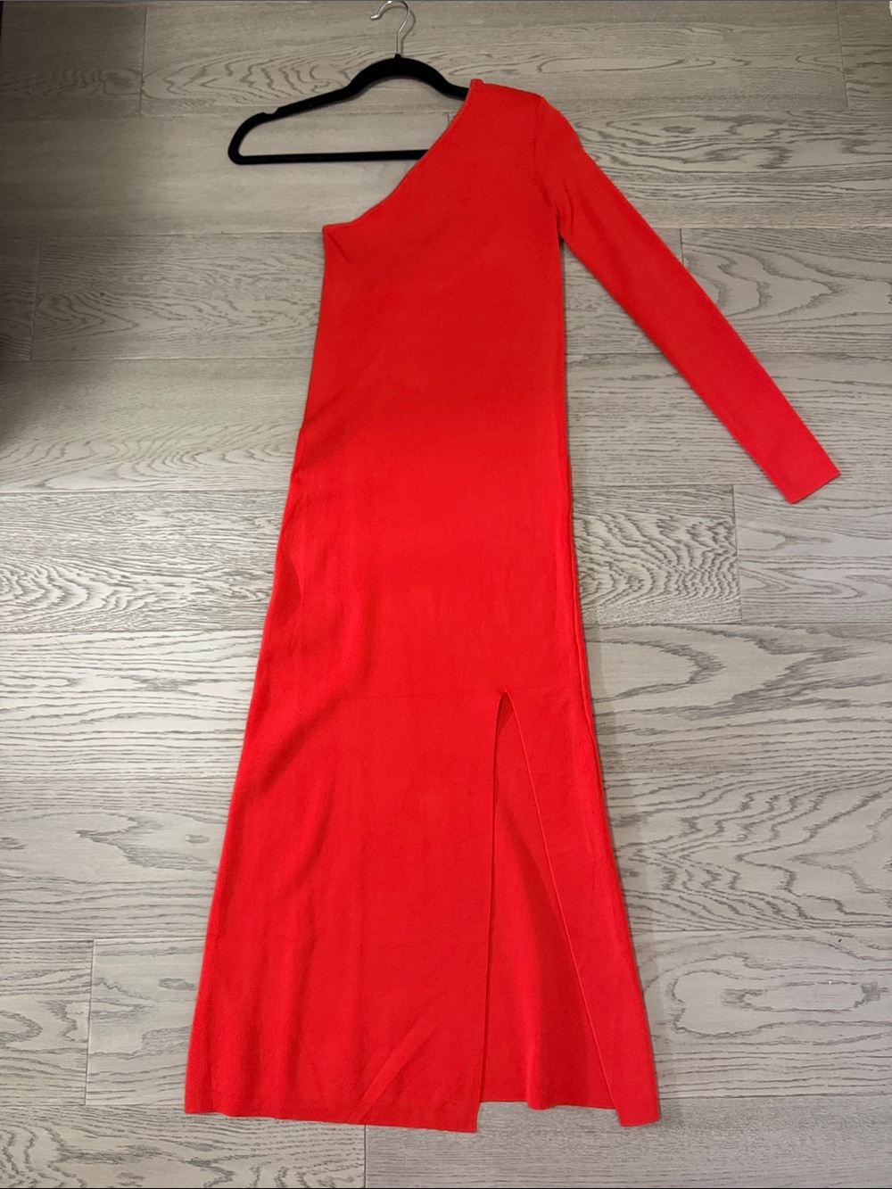 Zara Orangey-Red One-Shoulder Maxi Dress with Long Sleeve and Side Slit